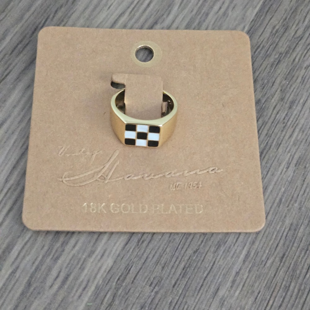 Vintage Havana Michelle VHJ 18K Gold Plated Checkerboard Signet Ring Black White
